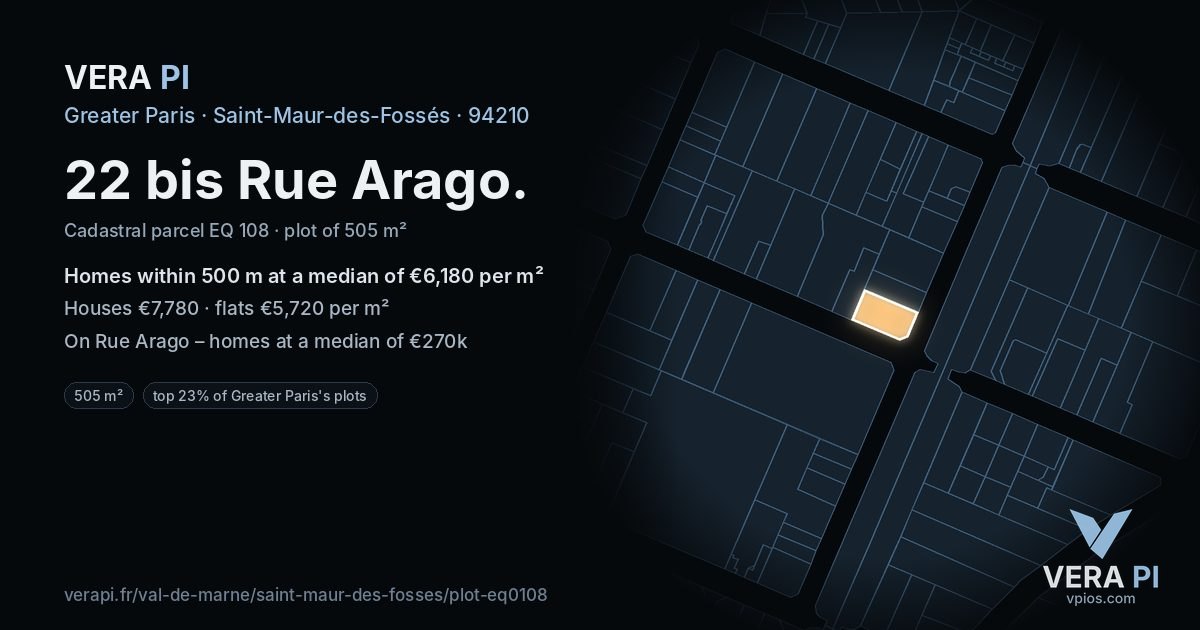 22 bis Rue Arago, Saint-Maur-des-Fossés at night – the plot lit, the parcels around coloured by the prices near them