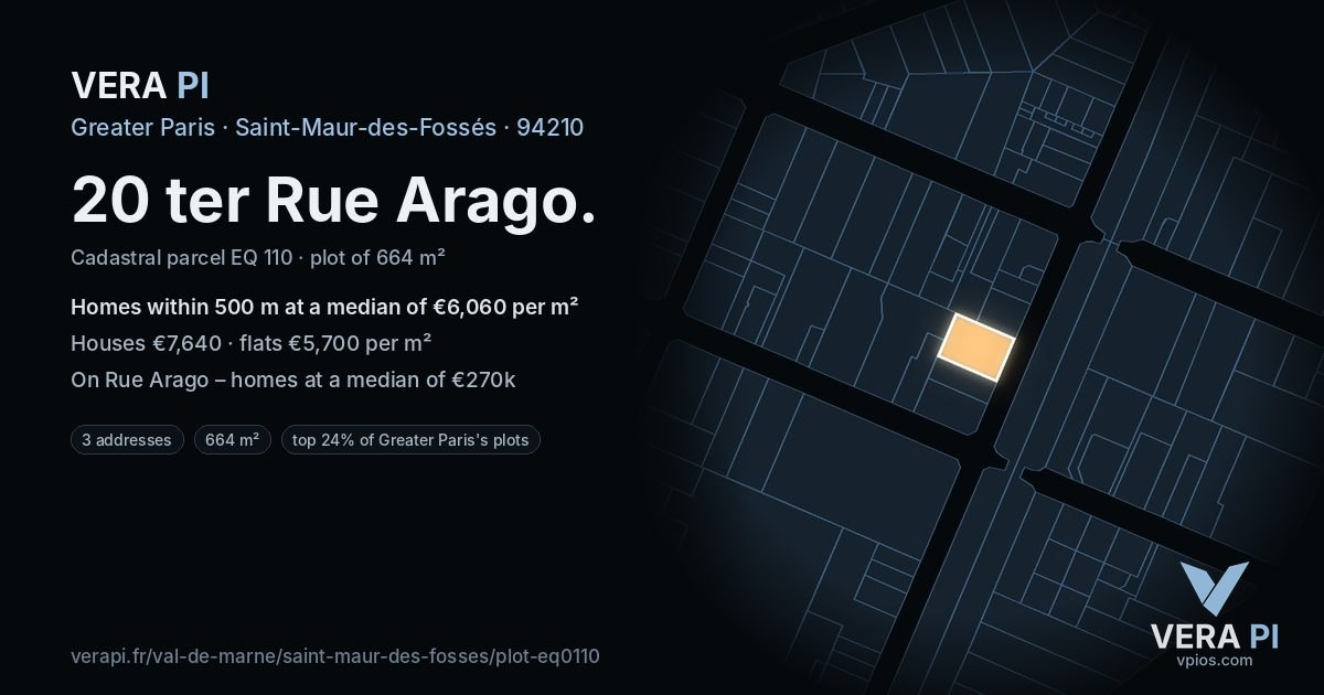 20 ter Rue Arago, Saint-Maur-des-Fossés at night – the plot lit, the parcels around coloured by the prices near them
