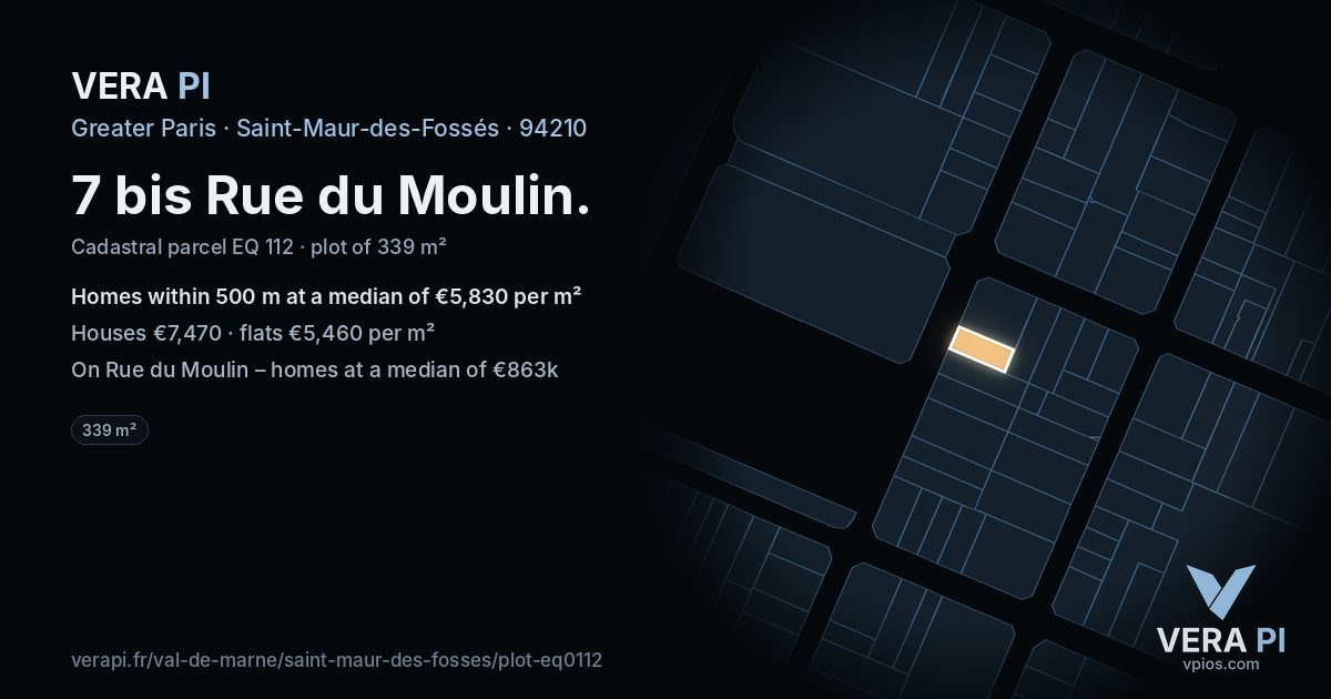 7 bis Rue du Moulin, Saint-Maur-des-Fossés at night – the plot lit, the parcels around coloured by the prices near them