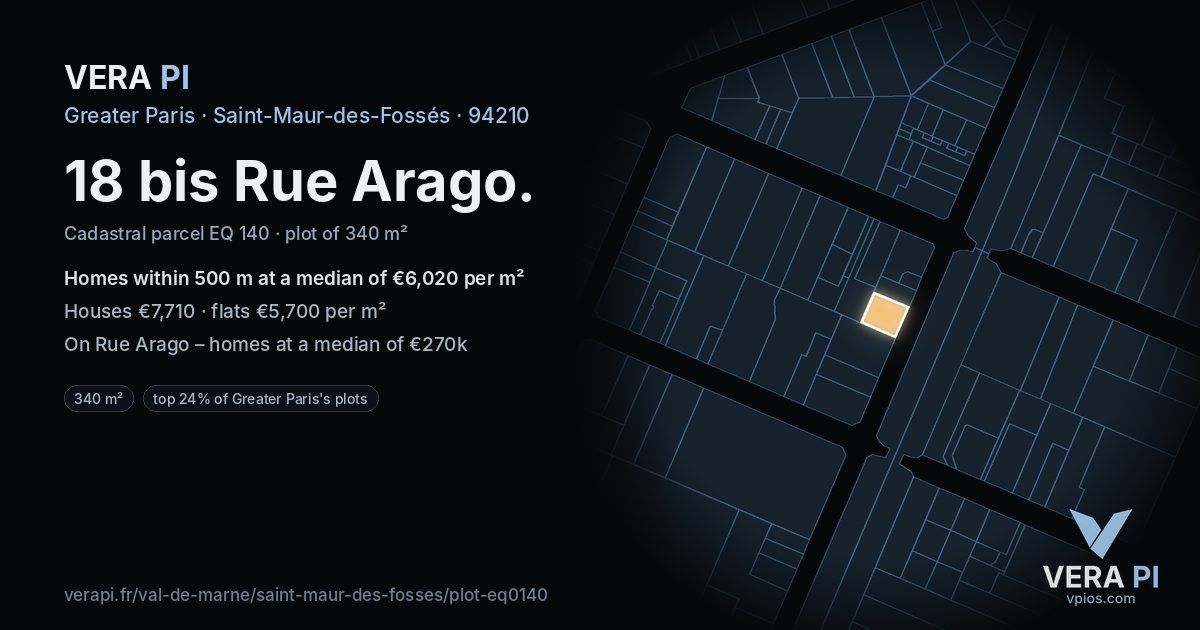 18 bis Rue Arago, Saint-Maur-des-Fossés at night – the plot lit, the parcels around coloured by the prices near them