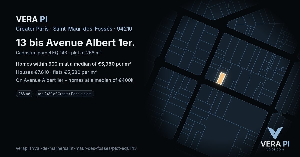 13 bis Avenue Albert 1er, Saint-Maur-des-Fossés at night – the plot lit, the parcels around coloured by the prices near them
