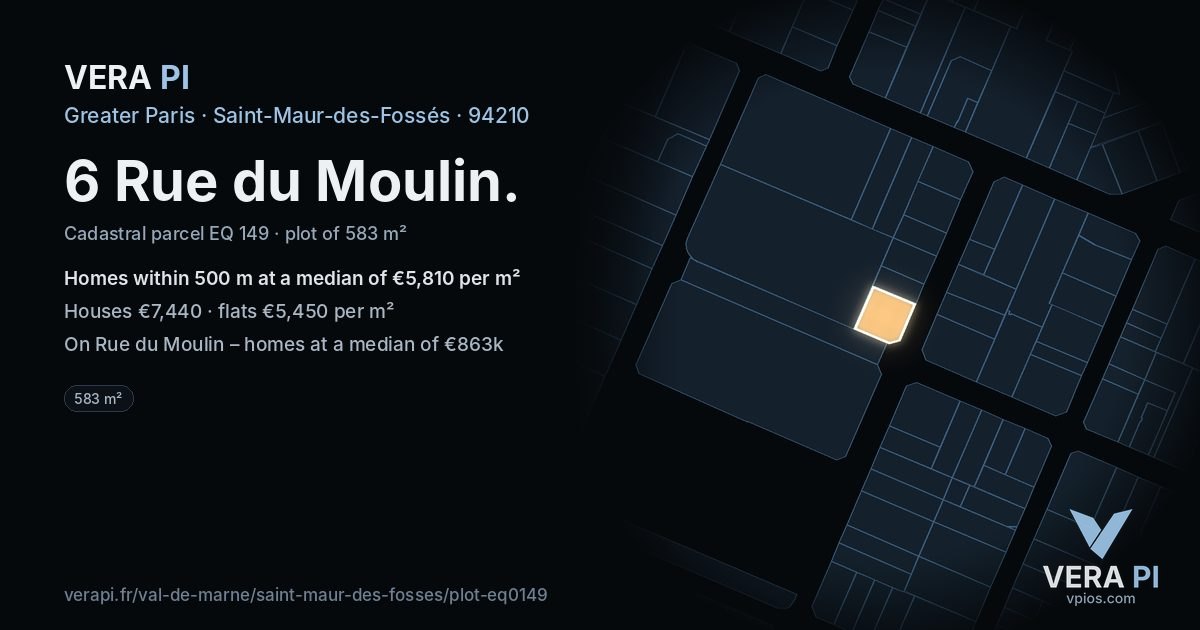 6 Rue du Moulin, Saint-Maur-des-Fossés at night – the plot lit, the parcels around coloured by the prices near them