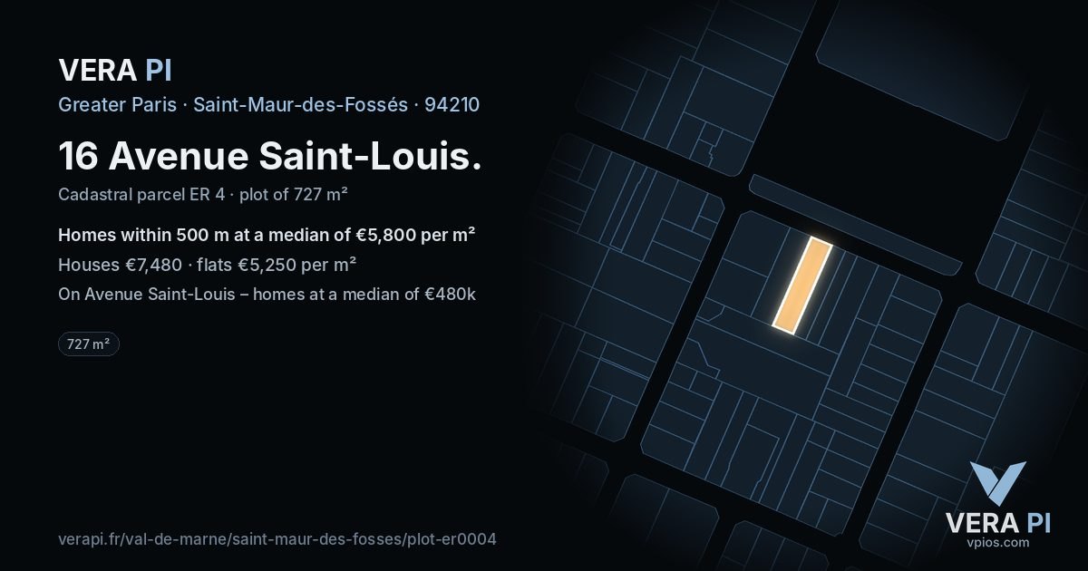 16 Avenue Saint-Louis, Saint-Maur-des-Fossés at night – the plot lit, the parcels around coloured by the prices near them