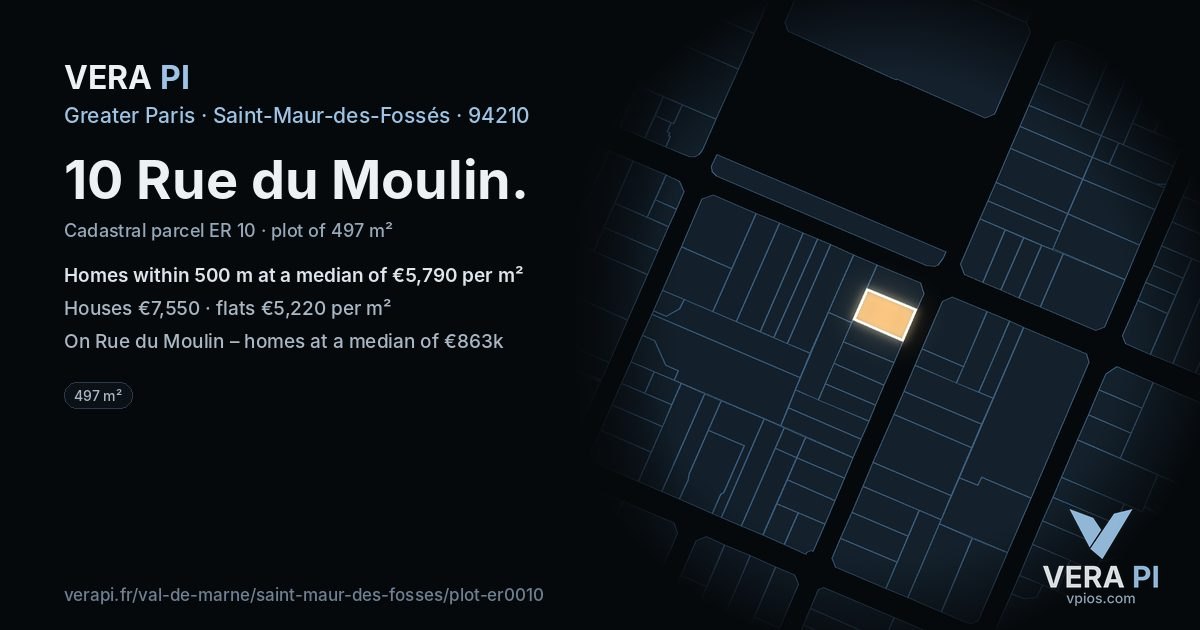 10 Rue du Moulin, Saint-Maur-des-Fossés at night – the plot lit, the parcels around coloured by the prices near them