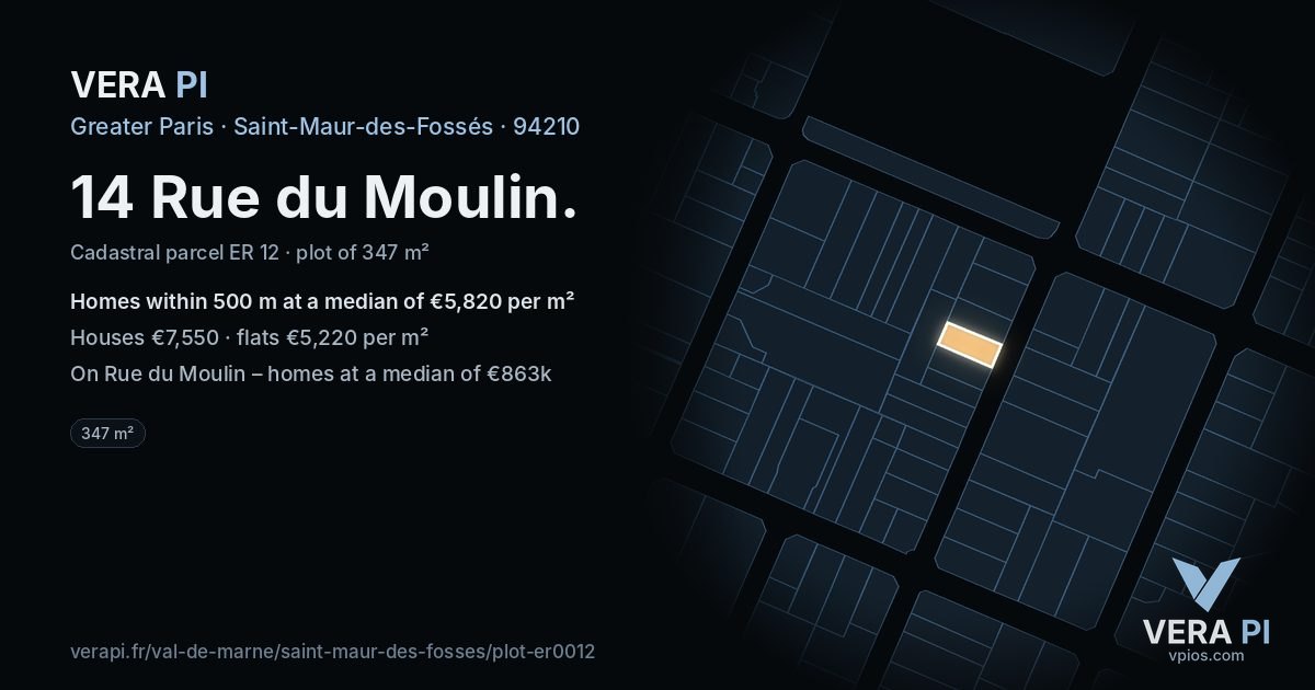 14 Rue du Moulin, Saint-Maur-des-Fossés at night – the plot lit, the parcels around coloured by the prices near them