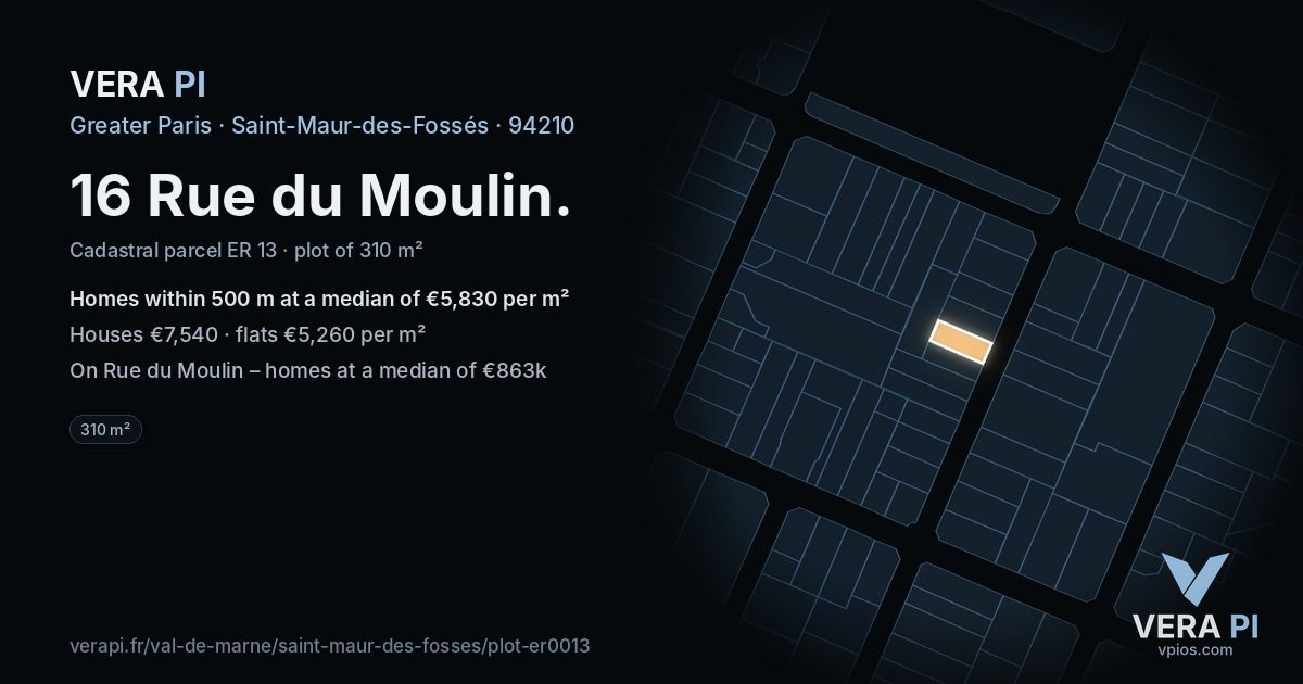 16 Rue du Moulin, Saint-Maur-des-Fossés at night – the plot lit, the parcels around coloured by the prices near them
