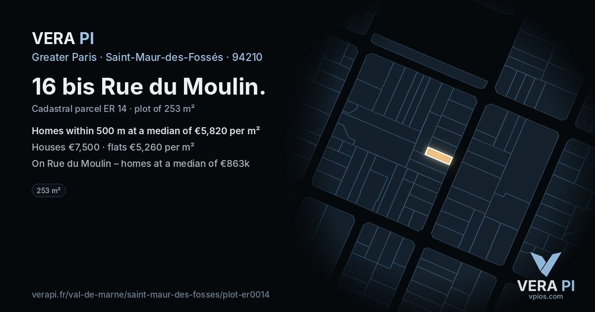 16 bis Rue du Moulin, Saint-Maur-des-Fossés at night – the plot lit, the parcels around coloured by the prices near them