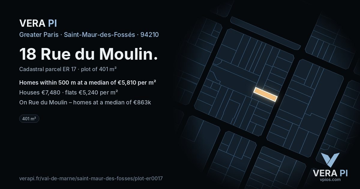 18 Rue du Moulin, Saint-Maur-des-Fossés at night – the plot lit, the parcels around coloured by the prices near them