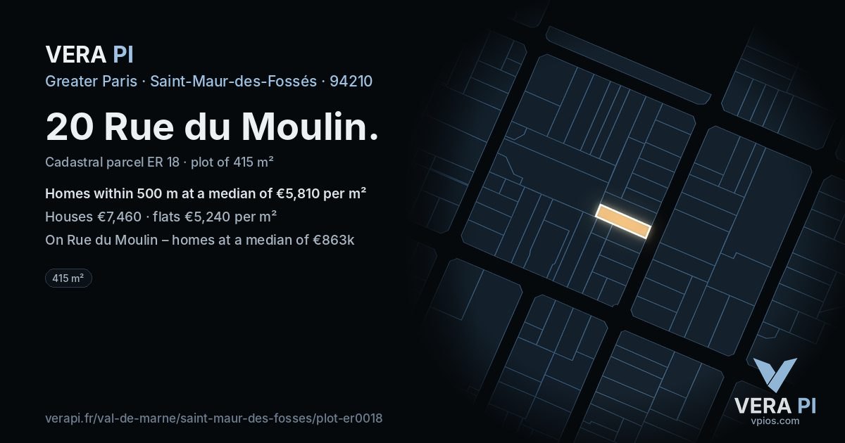 20 Rue du Moulin, Saint-Maur-des-Fossés at night – the plot lit, the parcels around coloured by the prices near them