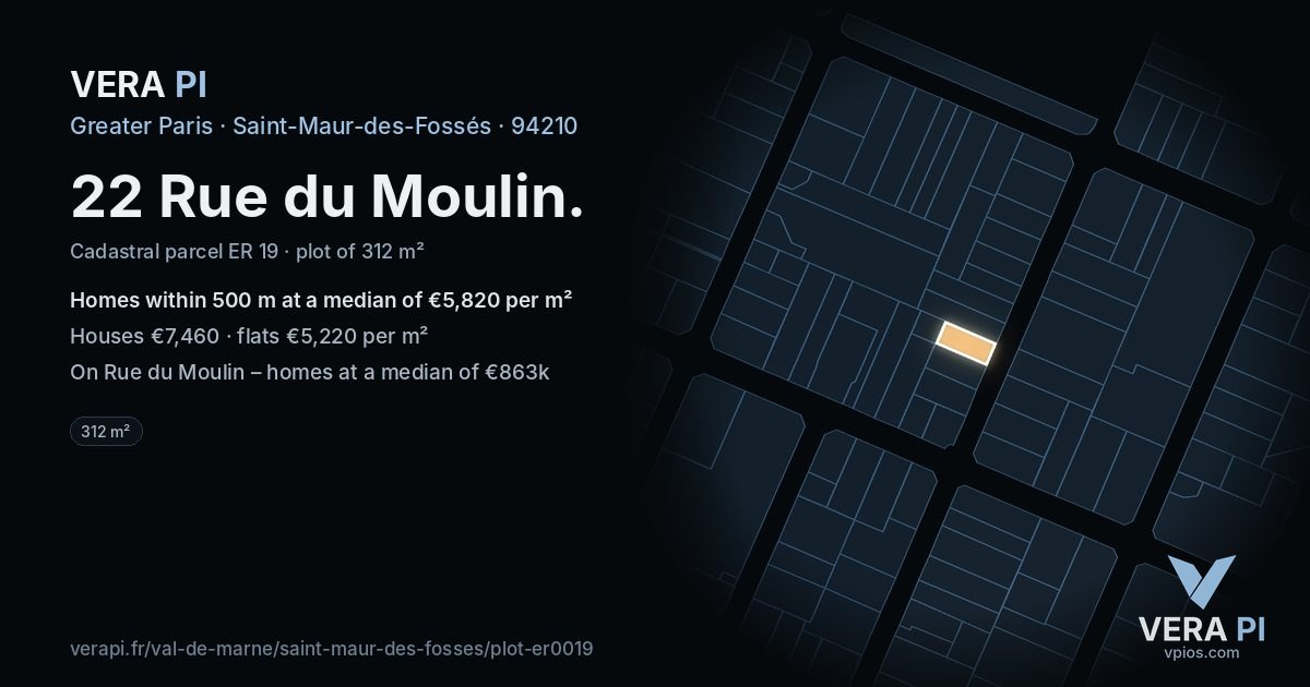 22 Rue du Moulin, Saint-Maur-des-Fossés at night – the plot lit, the parcels around coloured by the prices near them