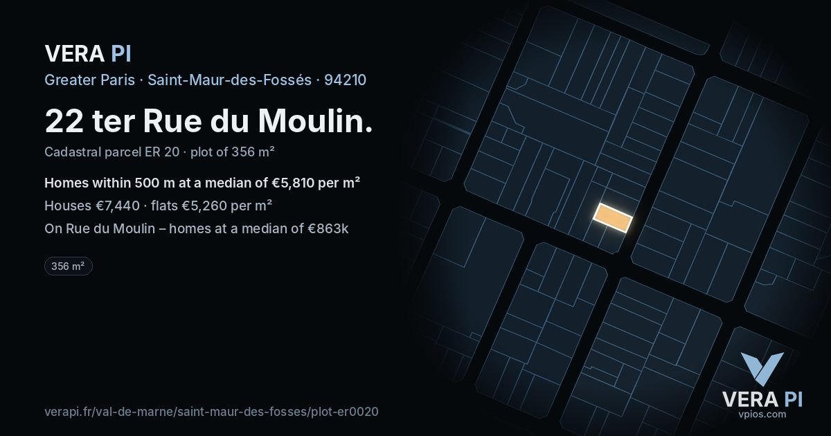 22 ter Rue du Moulin, Saint-Maur-des-Fossés at night – the plot lit, the parcels around coloured by the prices near them