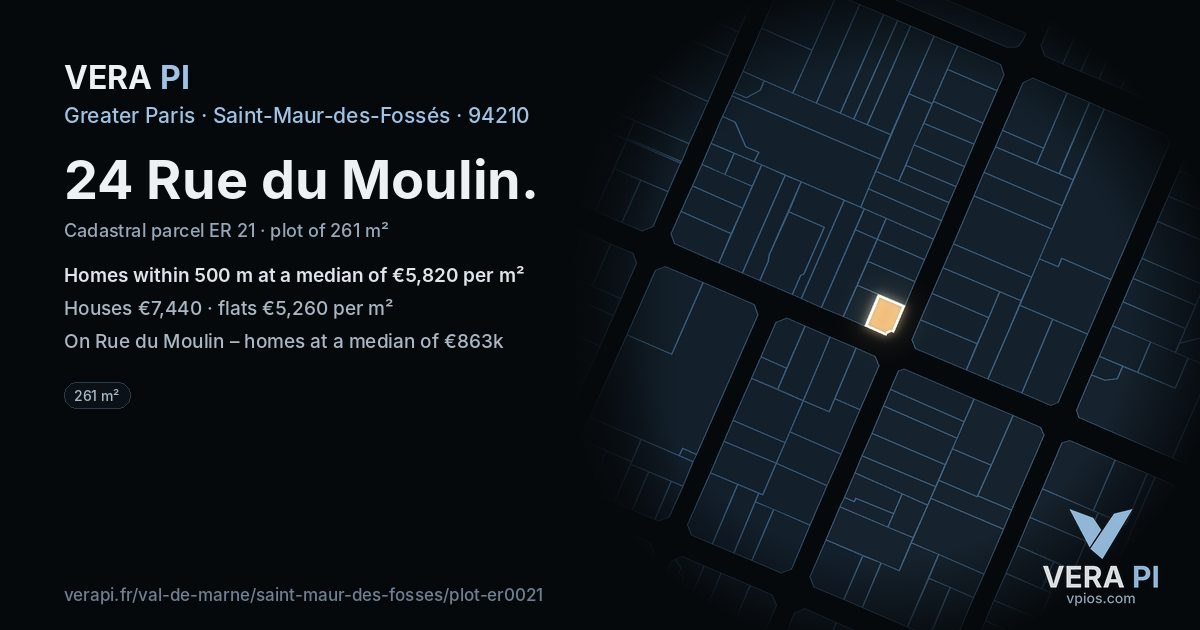 24 Rue du Moulin, Saint-Maur-des-Fossés at night – the plot lit, the parcels around coloured by the prices near them