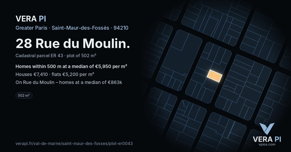 28 Rue du Moulin, Saint-Maur-des-Fossés at night – the plot lit, the parcels around coloured by the prices near them