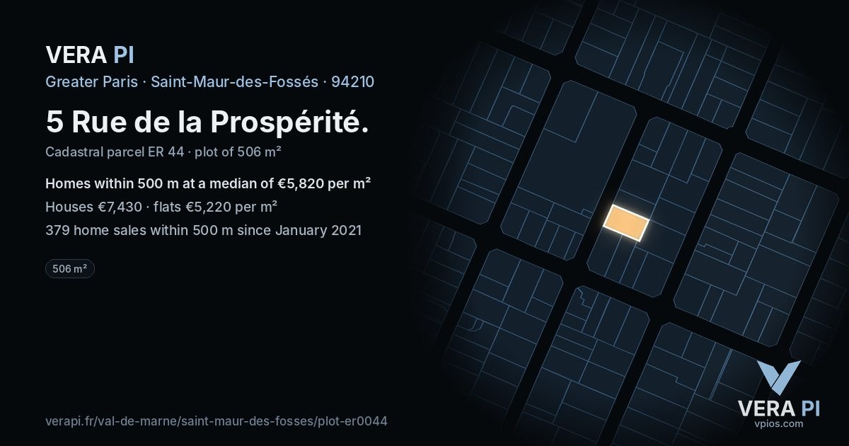 5 Rue de la Prospérité, Saint-Maur-des-Fossés at night – the plot lit, the parcels around coloured by the prices near them