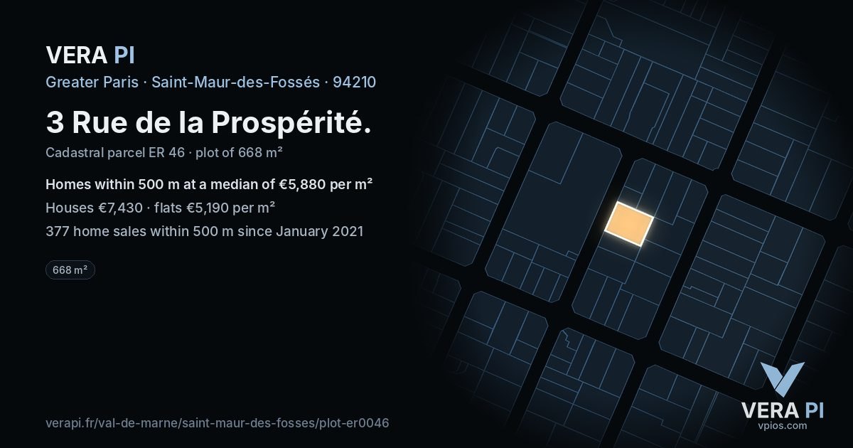 3 Rue de la Prospérité, Saint-Maur-des-Fossés at night – the plot lit, the parcels around coloured by the prices near them