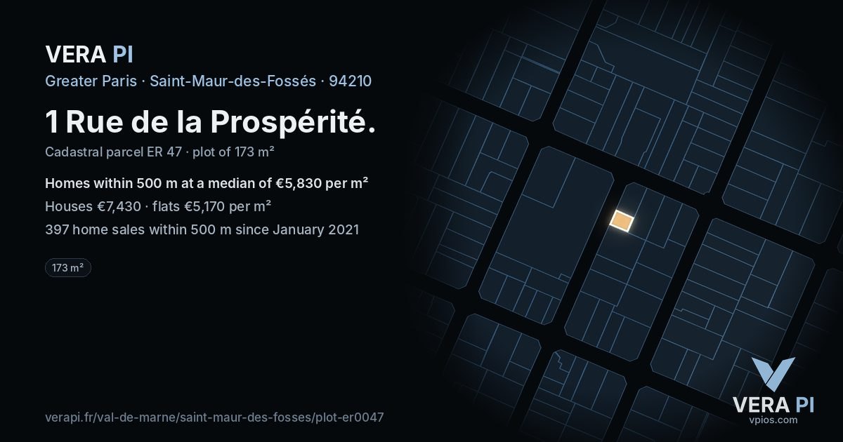 1 Rue de la Prospérité, Saint-Maur-des-Fossés at night – the plot lit, the parcels around coloured by the prices near them