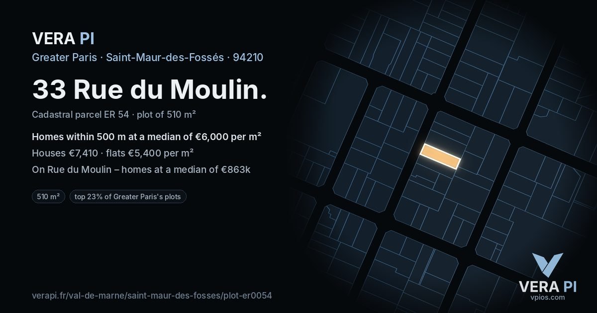 33 Rue du Moulin, Saint-Maur-des-Fossés at night – the plot lit, the parcels around coloured by the prices near them