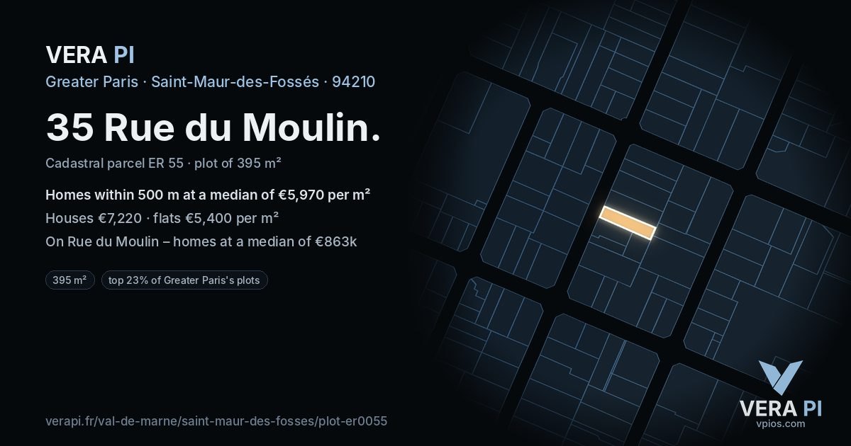 35 Rue du Moulin, Saint-Maur-des-Fossés at night – the plot lit, the parcels around coloured by the prices near them
