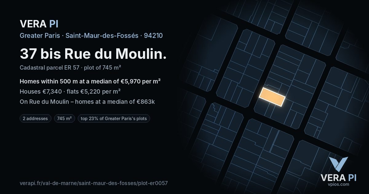 37 bis Rue du Moulin, Saint-Maur-des-Fossés at night – the plot lit, the parcels around coloured by the prices near them