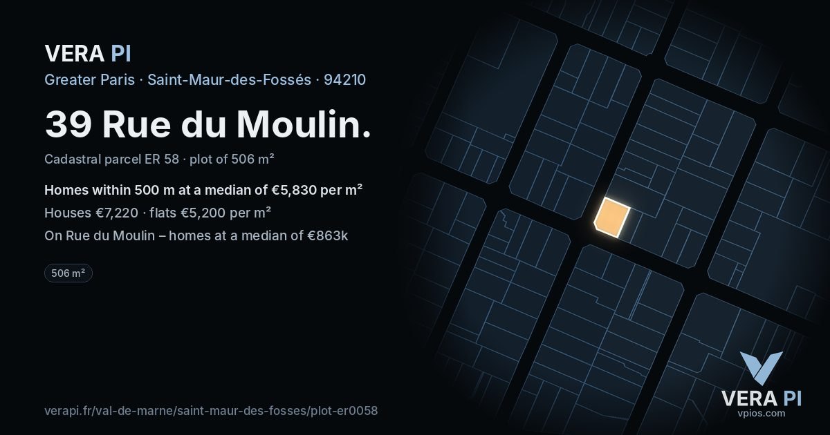 39 Rue du Moulin, Saint-Maur-des-Fossés at night – the plot lit, the parcels around coloured by the prices near them
