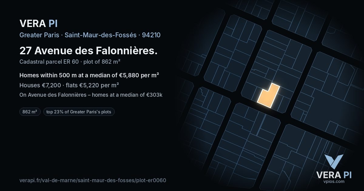 27 Avenue des Falonnières, Saint-Maur-des-Fossés at night – the plot lit, the parcels around coloured by the prices near them