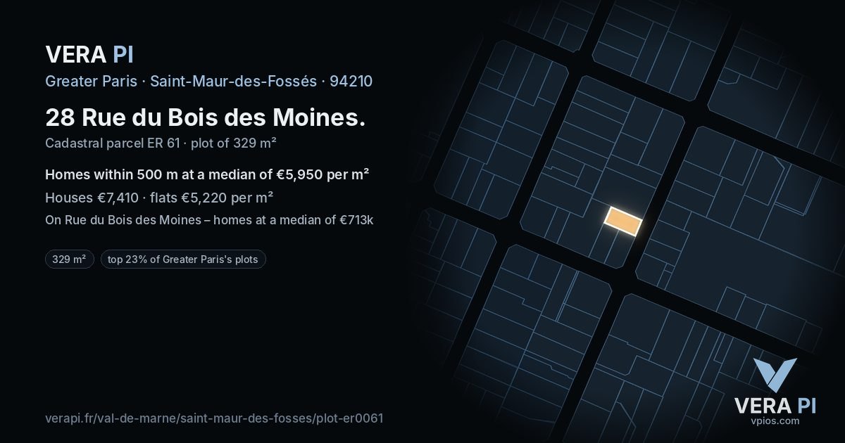 28 Rue du Bois des Moines, Saint-Maur-des-Fossés at night – the plot lit, the parcels around coloured by the prices near them