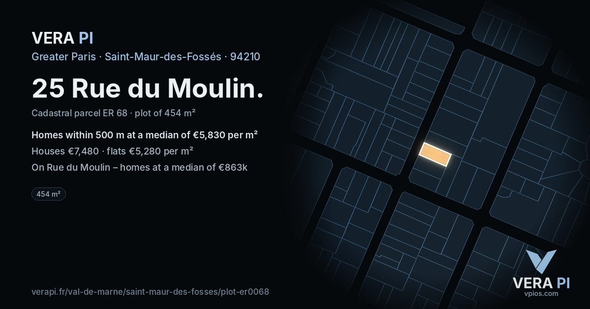 25 Rue du Moulin, Saint-Maur-des-Fossés at night – the plot lit, the parcels around coloured by the prices near them