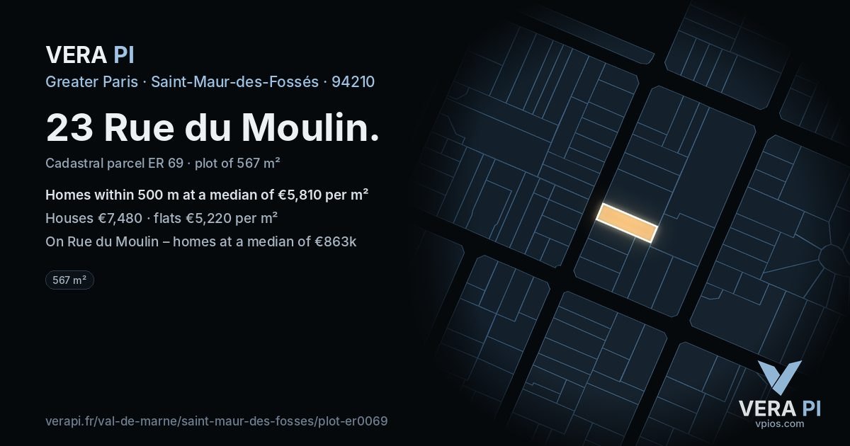 23 Rue du Moulin, Saint-Maur-des-Fossés at night – the plot lit, the parcels around coloured by the prices near them