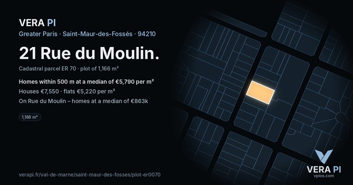 21 Rue du Moulin, Saint-Maur-des-Fossés at night – the plot lit, the parcels around coloured by the prices near them