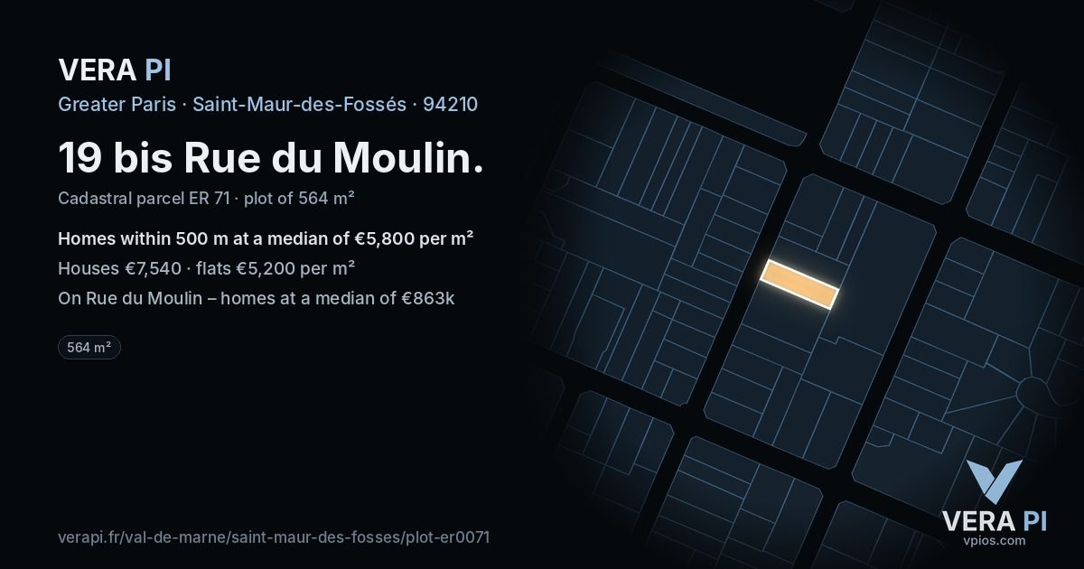 19 bis Rue du Moulin, Saint-Maur-des-Fossés at night – the plot lit, the parcels around coloured by the prices near them