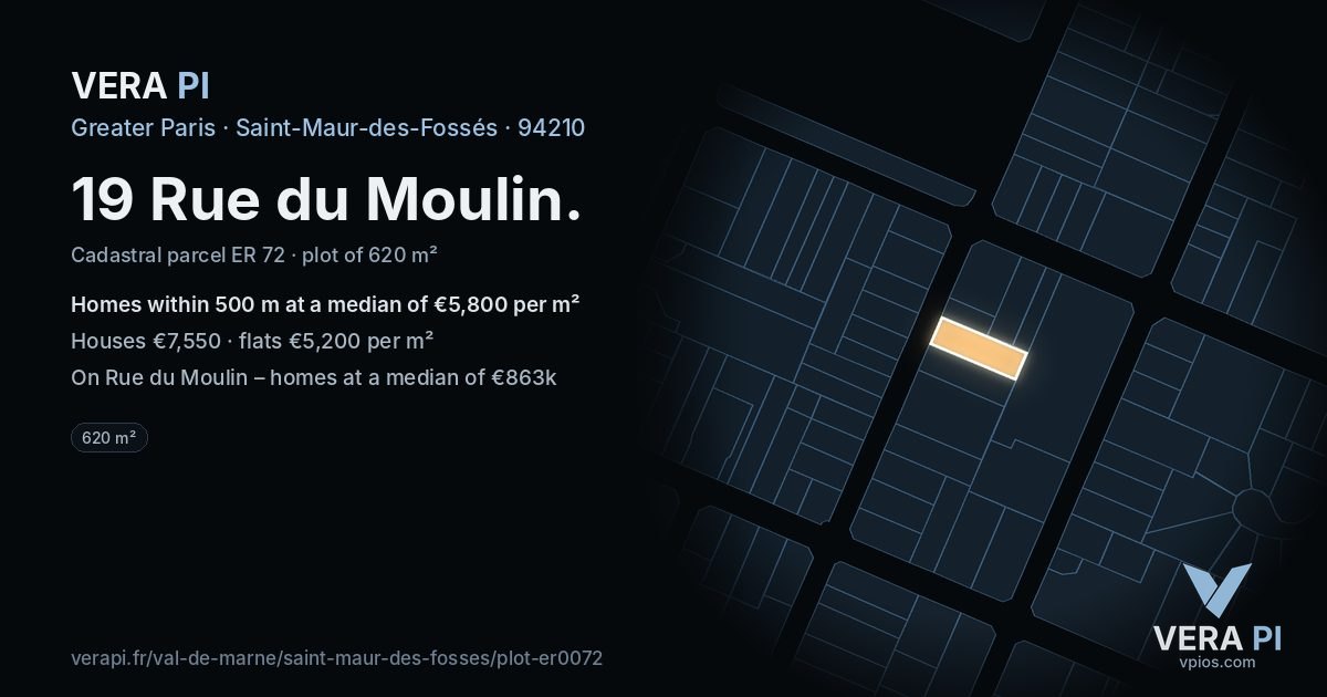 19 Rue du Moulin, Saint-Maur-des-Fossés at night – the plot lit, the parcels around coloured by the prices near them