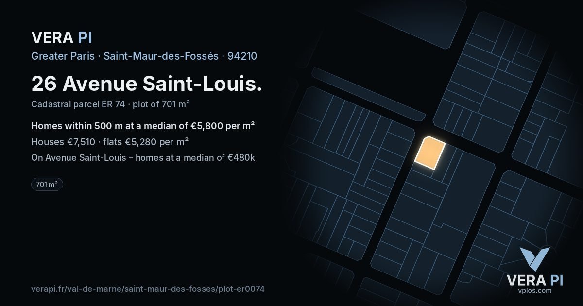 26 Avenue Saint-Louis, Saint-Maur-des-Fossés at night – the plot lit, the parcels around coloured by the prices near them