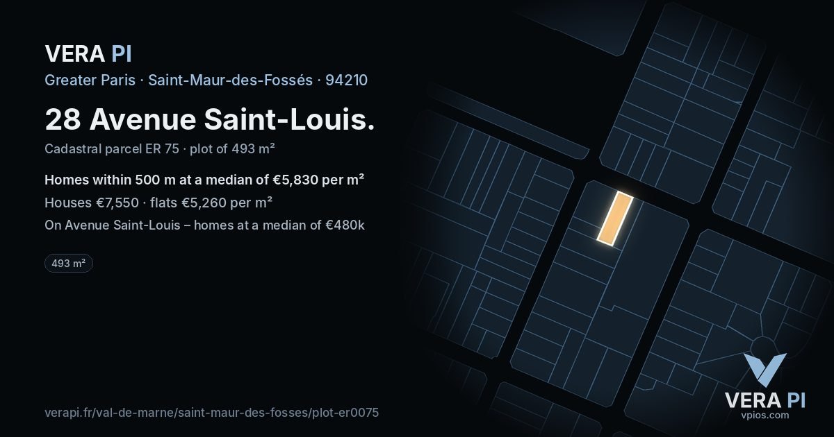 28 Avenue Saint-Louis, Saint-Maur-des-Fossés at night – the plot lit, the parcels around coloured by the prices near them