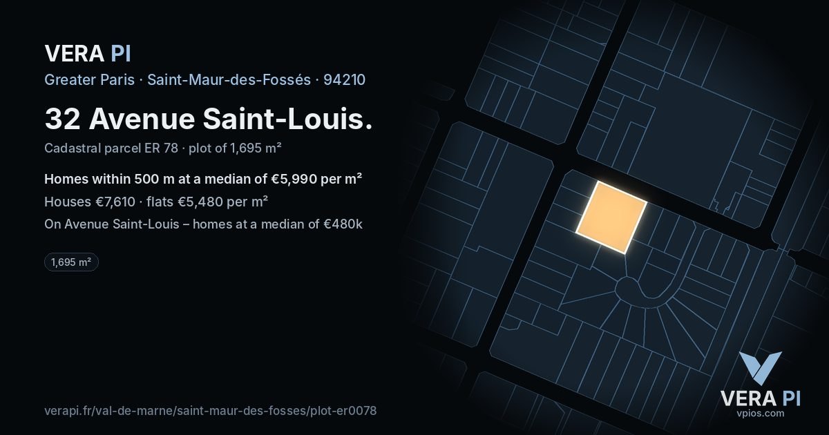 32 Avenue Saint-Louis, Saint-Maur-des-Fossés at night – the plot lit, the parcels around coloured by the prices near them