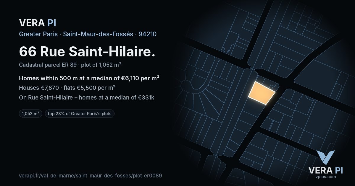 66 Rue Saint-Hilaire, Saint-Maur-des-Fossés at night – the plot lit, the parcels around coloured by the prices near them