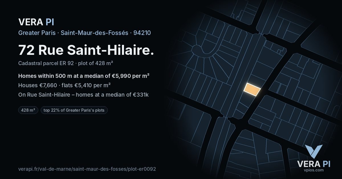 72 Rue Saint-Hilaire, Saint-Maur-des-Fossés at night – the plot lit, the parcels around coloured by the prices near them