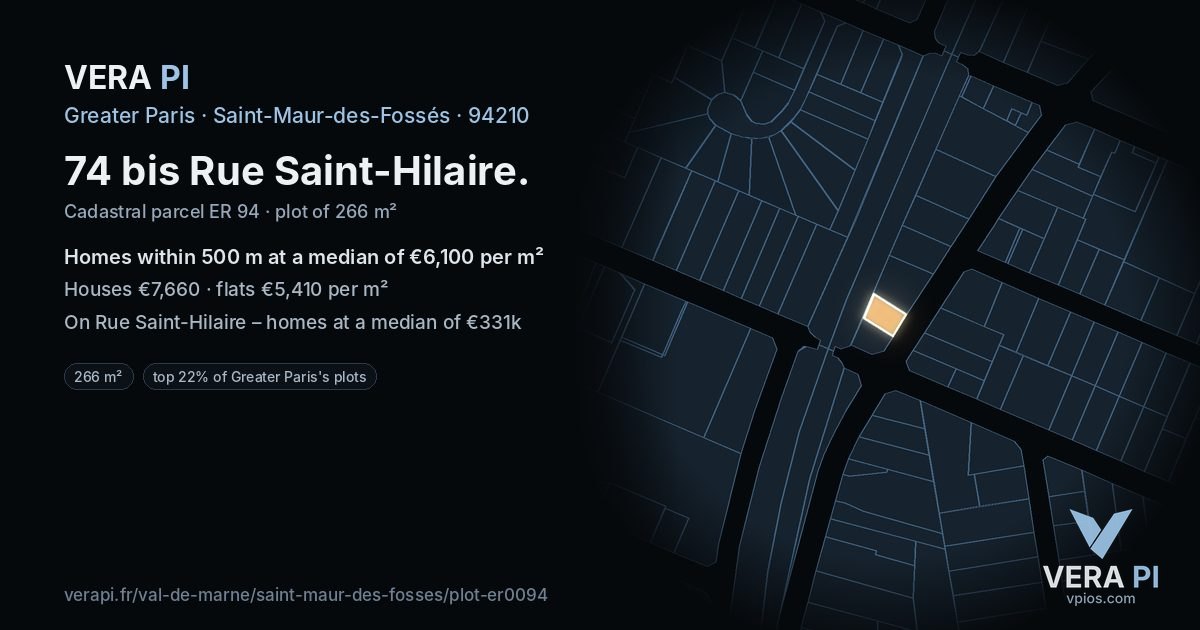 74 bis Rue Saint-Hilaire, Saint-Maur-des-Fossés at night – the plot lit, the parcels around coloured by the prices near them