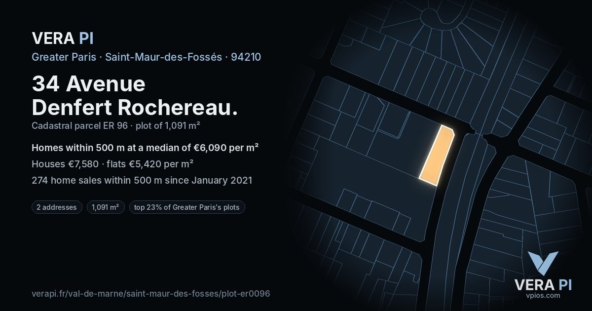 34 Avenue Denfert Rochereau, Saint-Maur-des-Fossés at night – the plot lit, the parcels around coloured by the prices near them