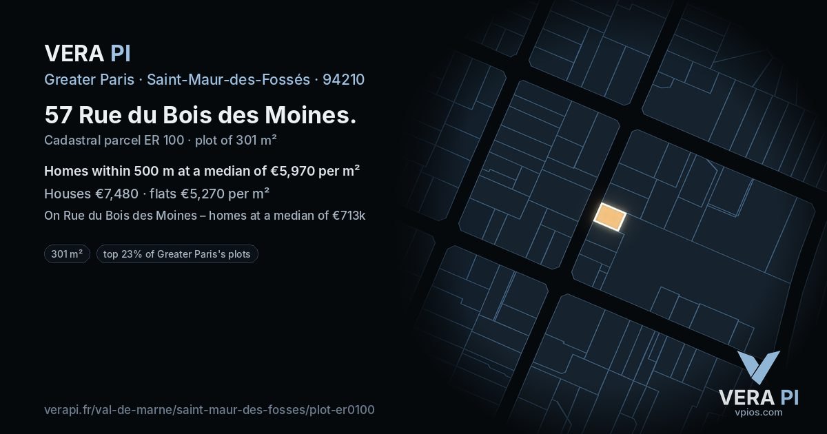 57 Rue du Bois des Moines, Saint-Maur-des-Fossés at night – the plot lit, the parcels around coloured by the prices near them
