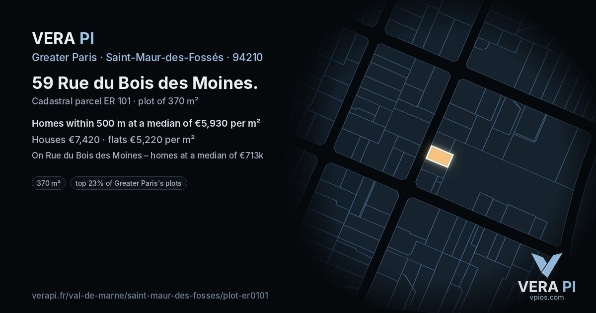 59 Rue du Bois des Moines, Saint-Maur-des-Fossés at night – the plot lit, the parcels around coloured by the prices near them