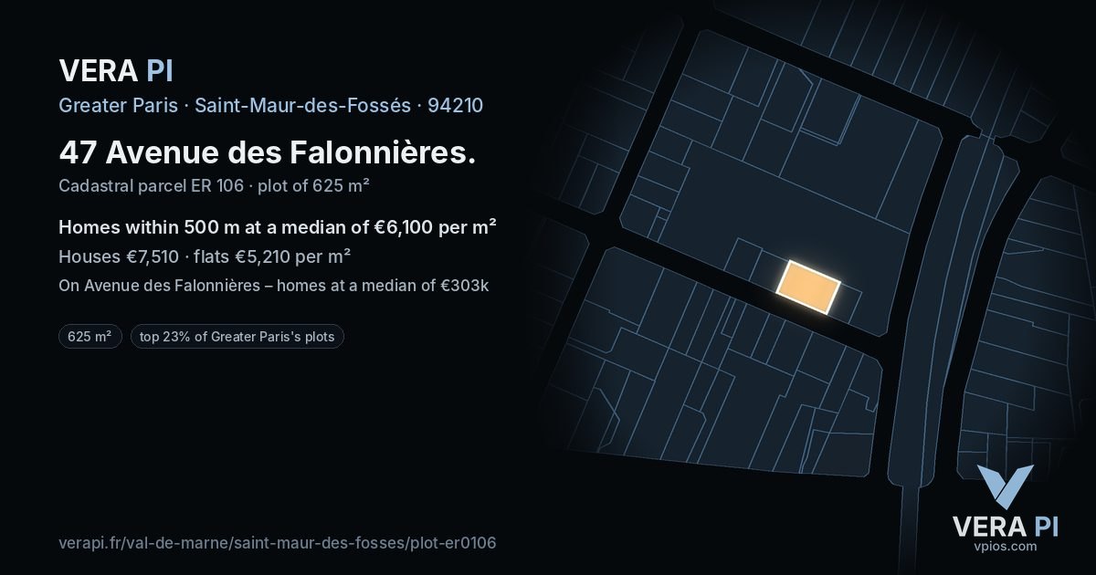 47 Avenue des Falonnières, Saint-Maur-des-Fossés at night – the plot lit, the parcels around coloured by the prices near them