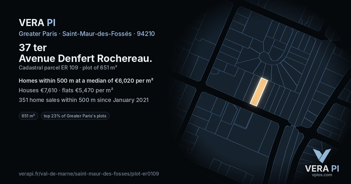 37 ter Avenue Denfert Rochereau, Saint-Maur-des-Fossés at night – the plot lit, the parcels around coloured by the prices near them