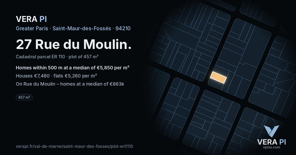 27 Rue du Moulin, Saint-Maur-des-Fossés at night – the plot lit, the parcels around coloured by the prices near them