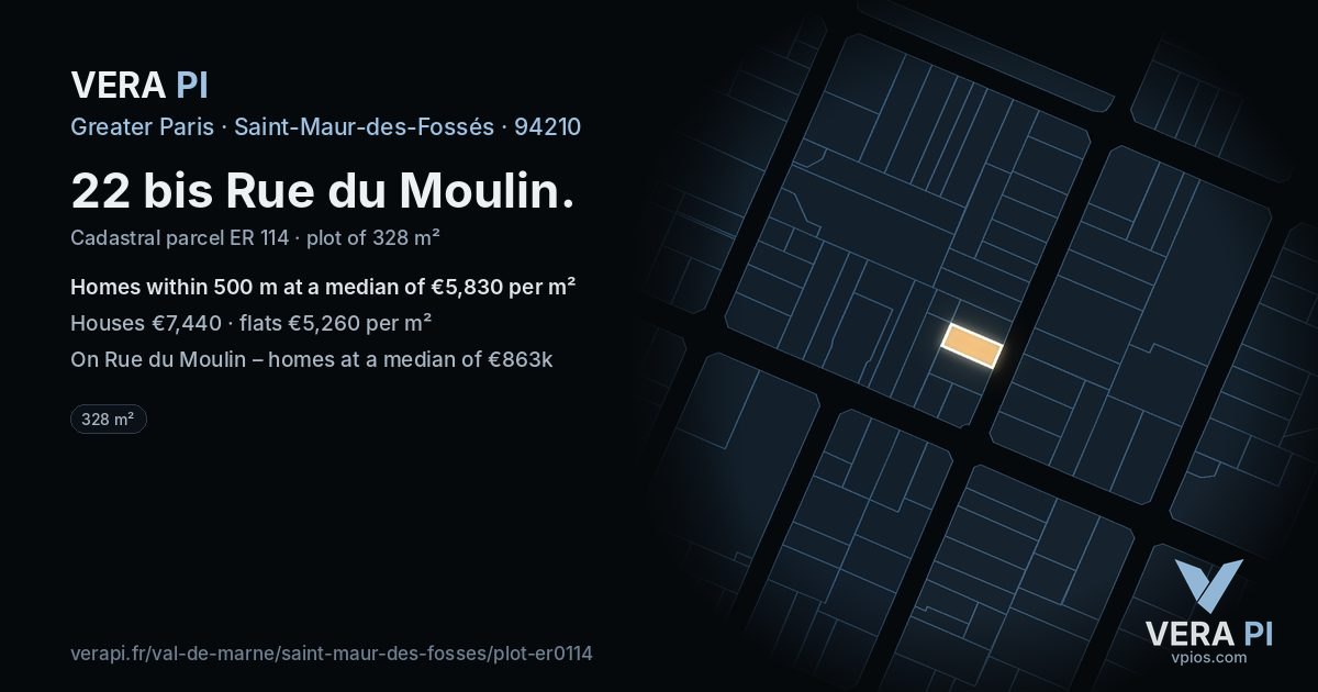22 bis Rue du Moulin, Saint-Maur-des-Fossés at night – the plot lit, the parcels around coloured by the prices near them