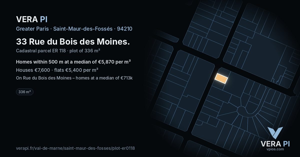 33 Rue du Bois des Moines, Saint-Maur-des-Fossés at night – the plot lit, the parcels around coloured by the prices near them