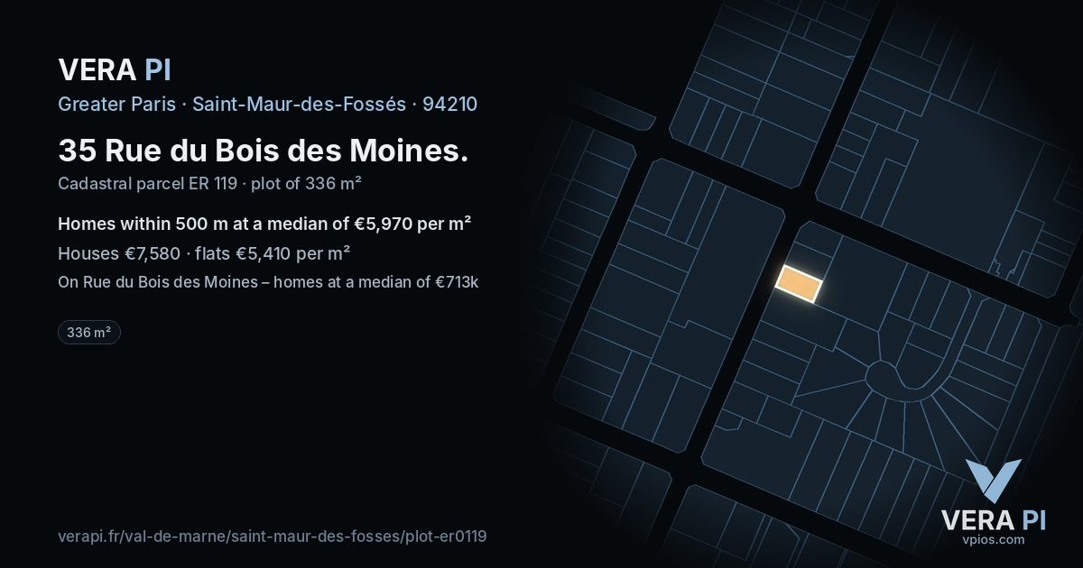 35 Rue du Bois des Moines, Saint-Maur-des-Fossés at night – the plot lit, the parcels around coloured by the prices near them