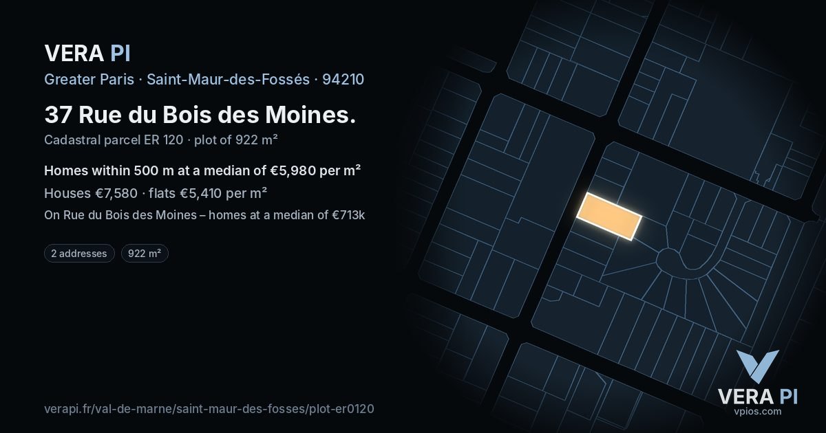 37 Rue du Bois des Moines, Saint-Maur-des-Fossés at night – the plot lit, the parcels around coloured by the prices near them