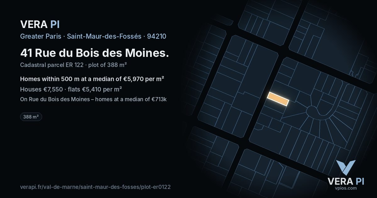 41 Rue du Bois des Moines, Saint-Maur-des-Fossés at night – the plot lit, the parcels around coloured by the prices near them