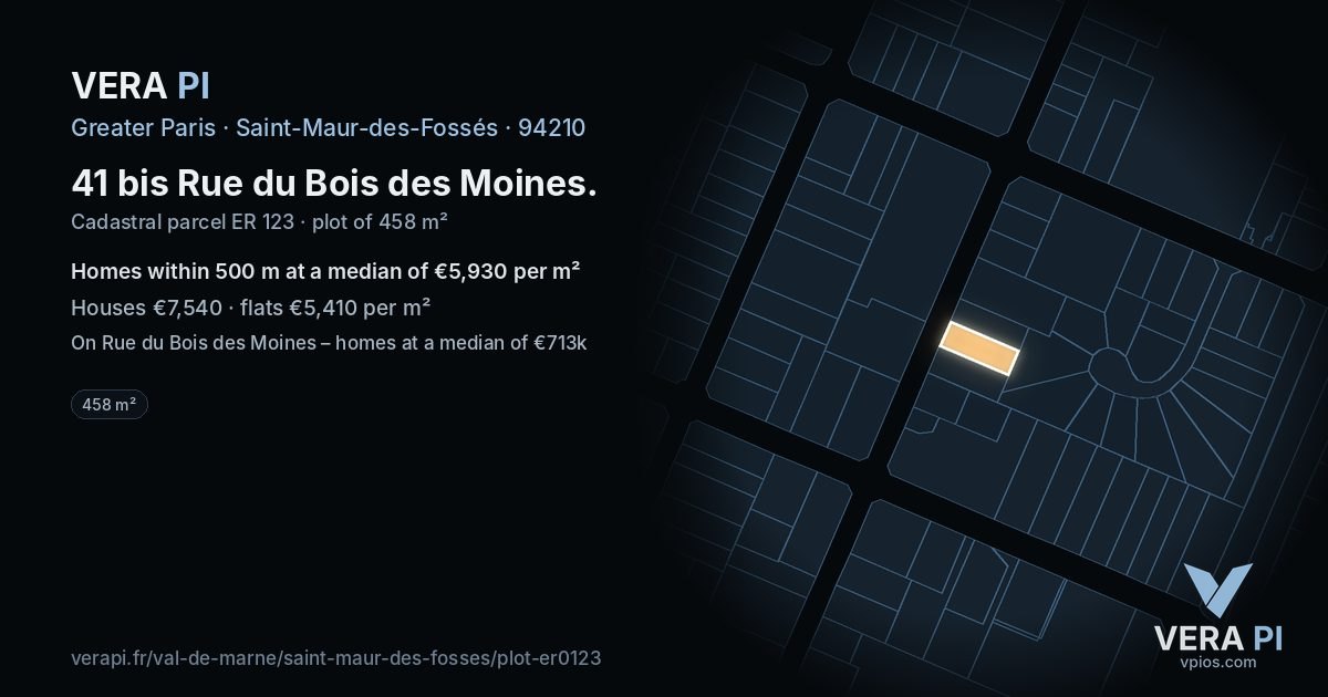 41 bis Rue du Bois des Moines, Saint-Maur-des-Fossés at night – the plot lit, the parcels around coloured by the prices near them