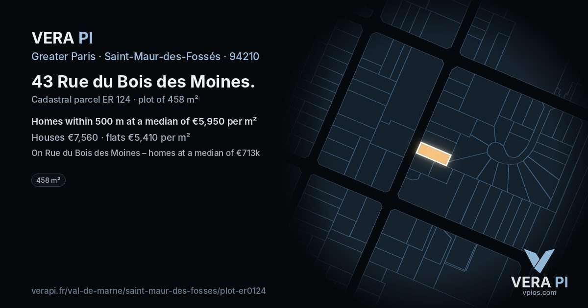 43 Rue du Bois des Moines, Saint-Maur-des-Fossés at night – the plot lit, the parcels around coloured by the prices near them